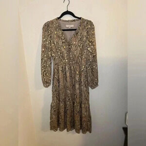 LOFT Paisley Midi Dress in Gold and Brown